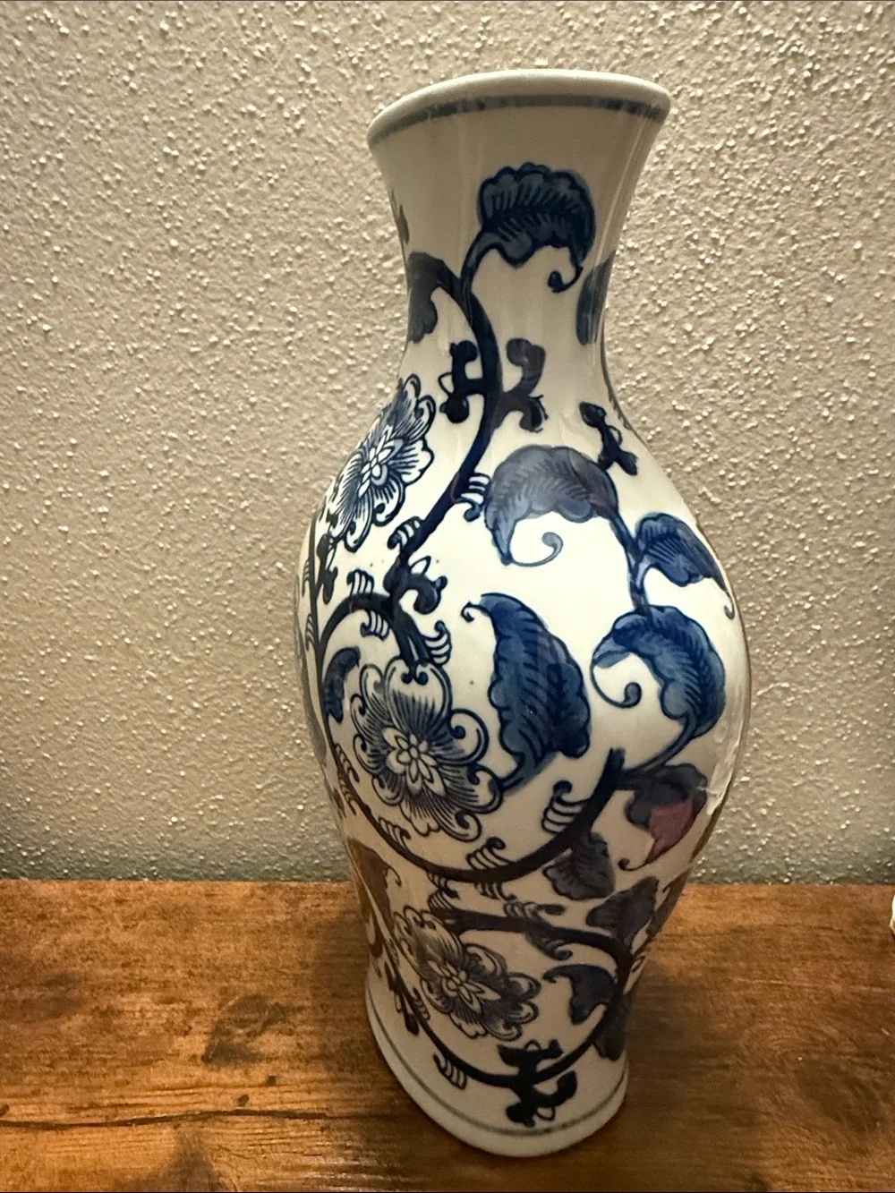 Blue and White Floral Ceramic Vase Approx 11”